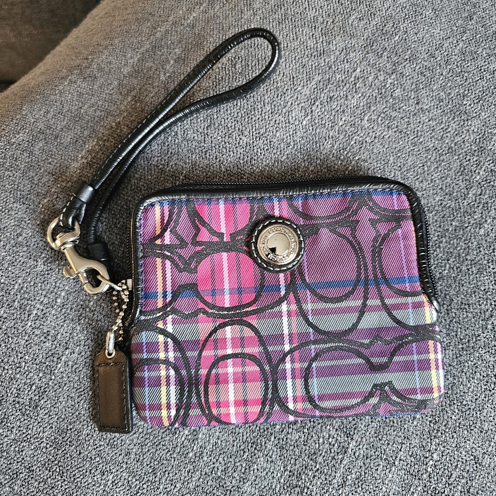 Coach Poppy Purple Tartan Plaid Glitter Zip Wristlet